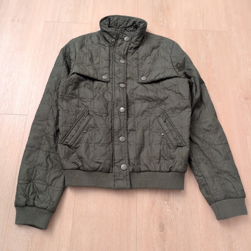 Y2K Static Women Small Olive Green Quilted Bomber Jacket Snap Front Grunge